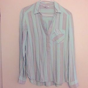 Express XS Button Down Shirt Mint Pink Stripes
